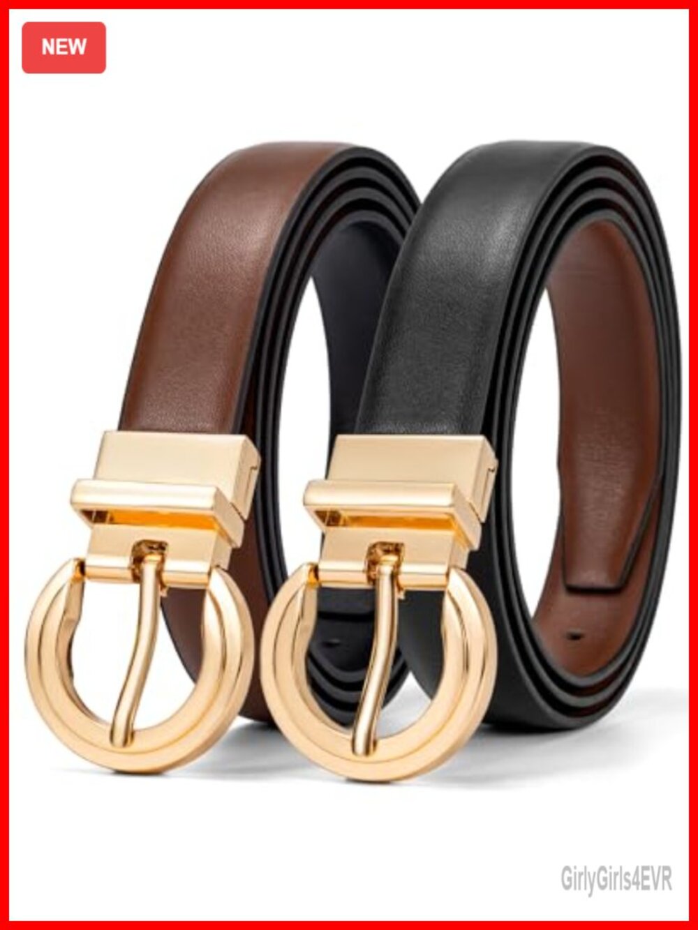 Womens Reversible Faux Leather Belt Gold Rotating Buckle Adjustable